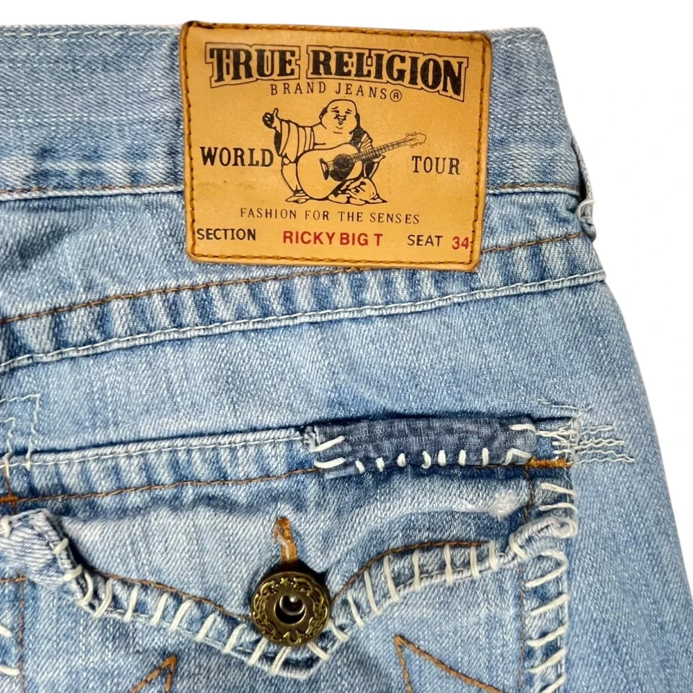 True Religion Men's 36x34 Ricky Big T‎ Light Wash Straight Leg Jeans 100% Cotton